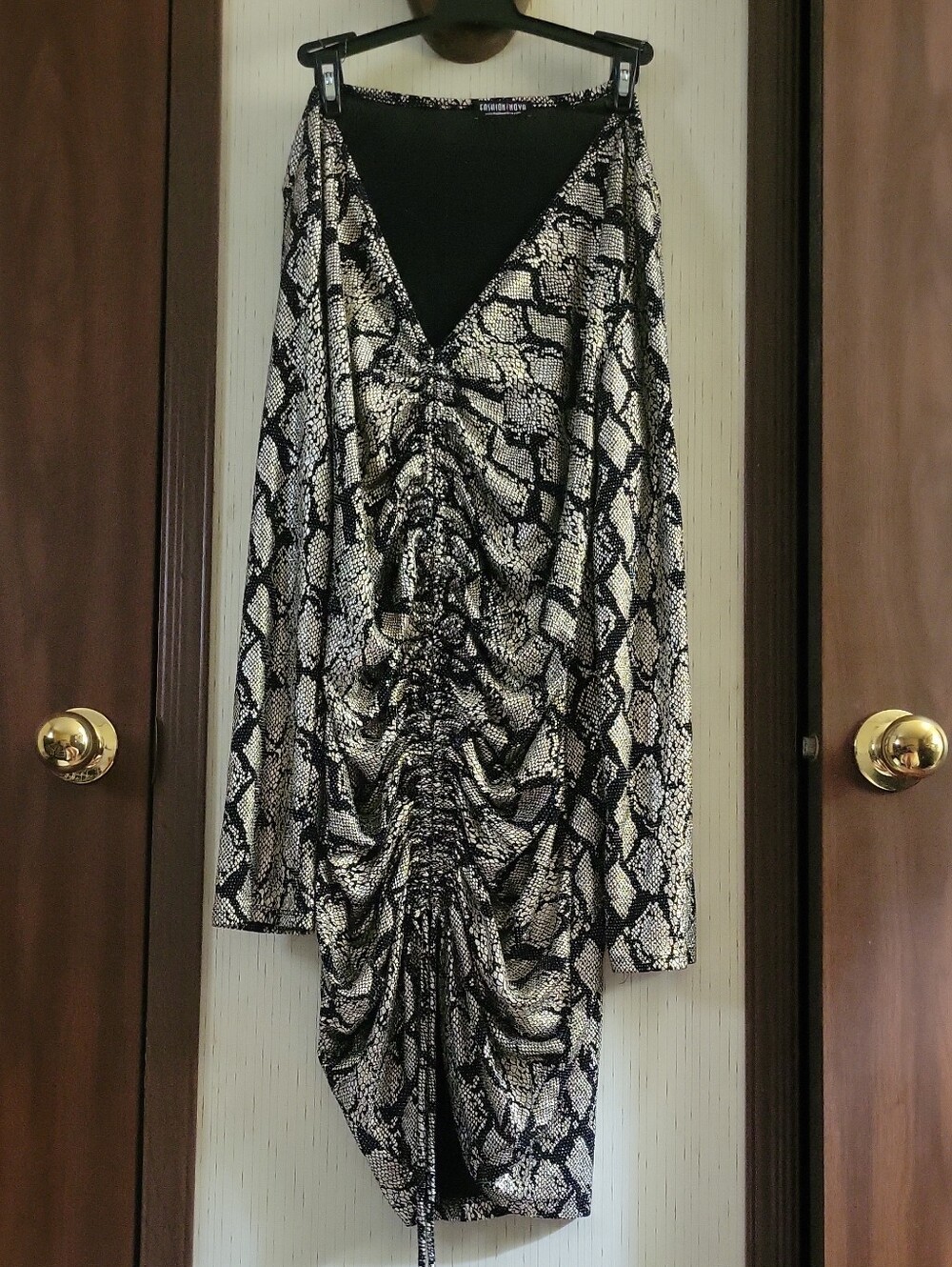 Fashion Nova Black and Silver Snakeskin Ruched Long Sleeve Dress